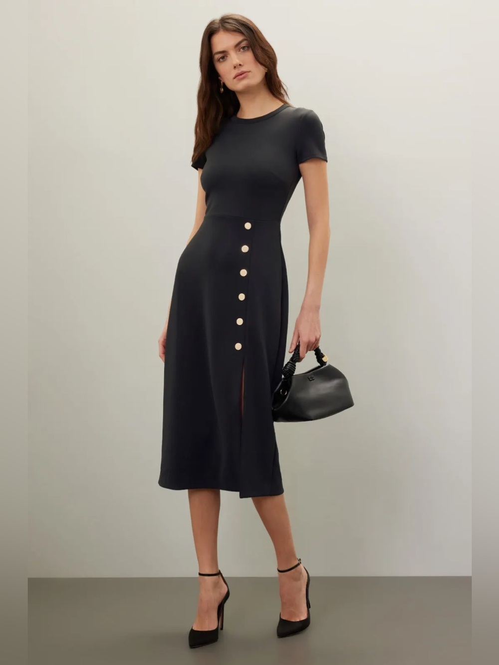 Rachel Parcell Black Midi Dress Button Front Slit Medium